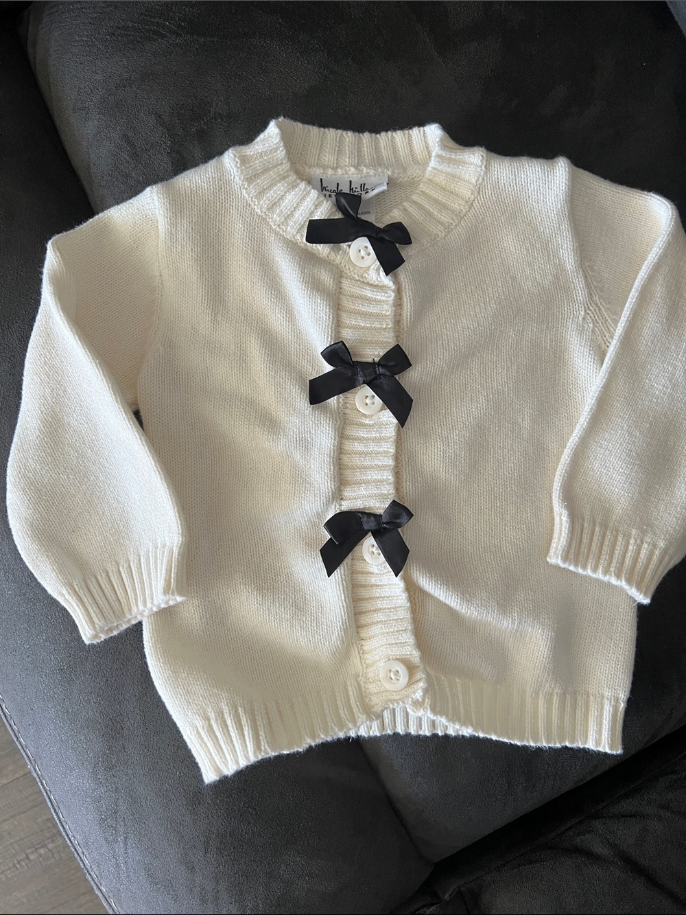 Nicole Miller Cream Knit Cardigan with Black Ribbon Bows
